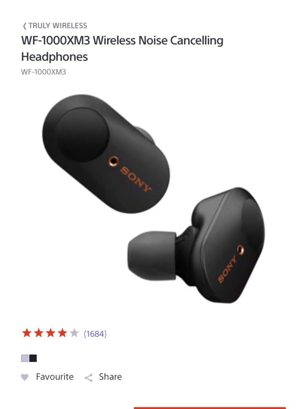 Sony WF-1000XM3 Wireless Noise Cancelling Earbuds - Black with Gold Accents